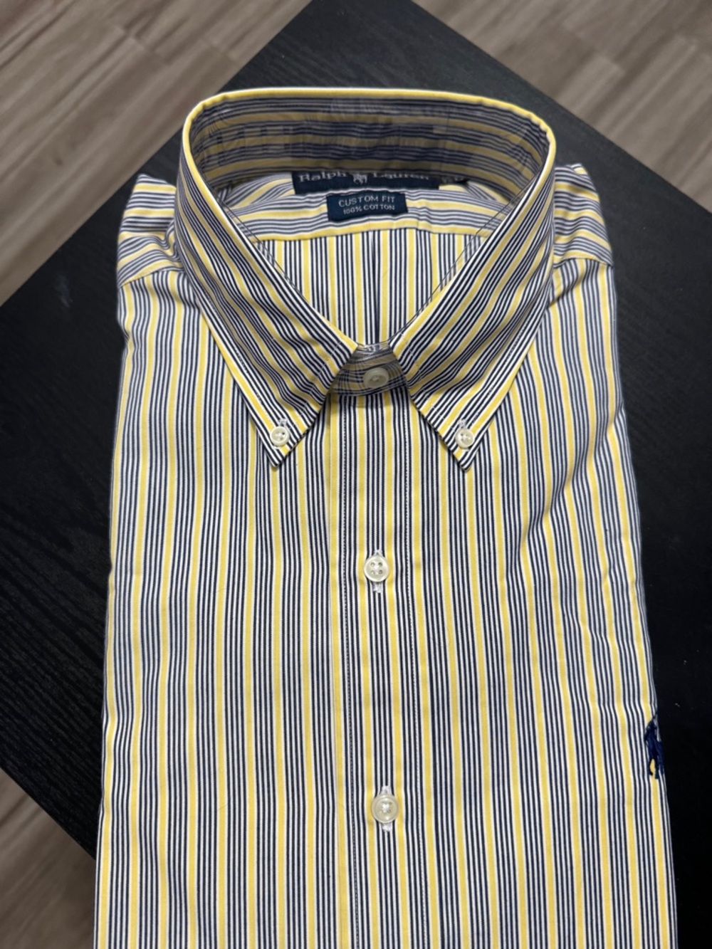 NEW Large Ralph Lauren Custom Fit Yellow and Navy Striped Button-Down Shirt